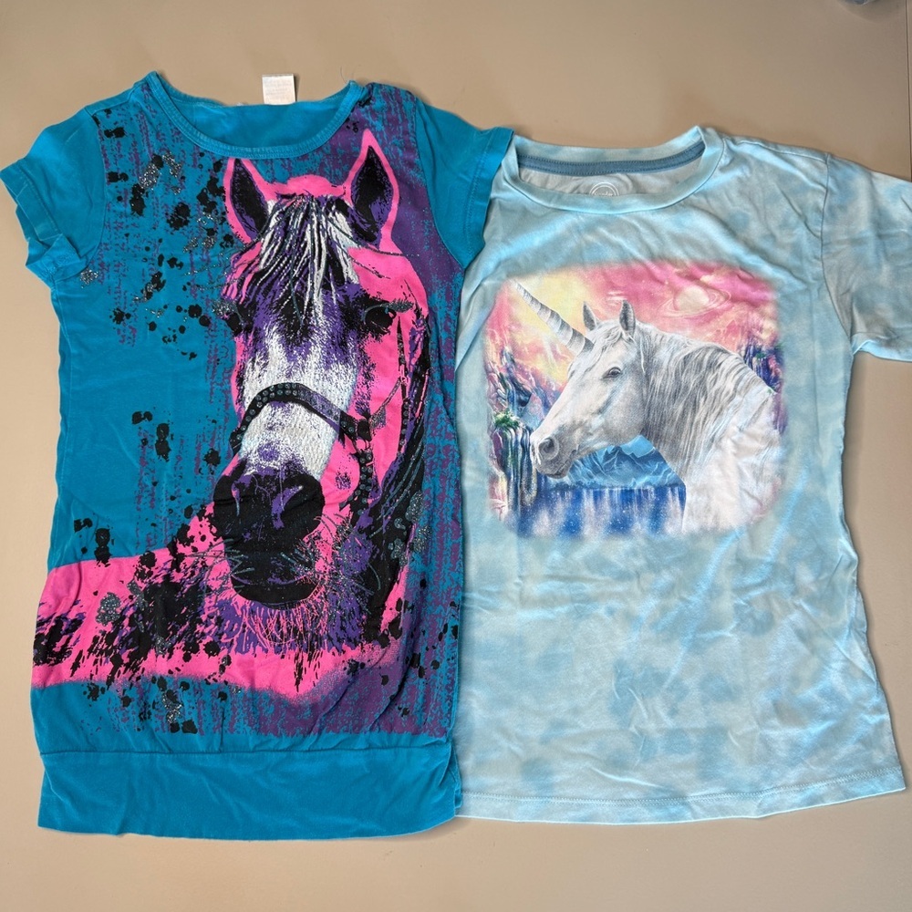 Girls Unicorn & Horse Graphic T-Shirt Bundle Size M 7-8 Blue Kids Tees